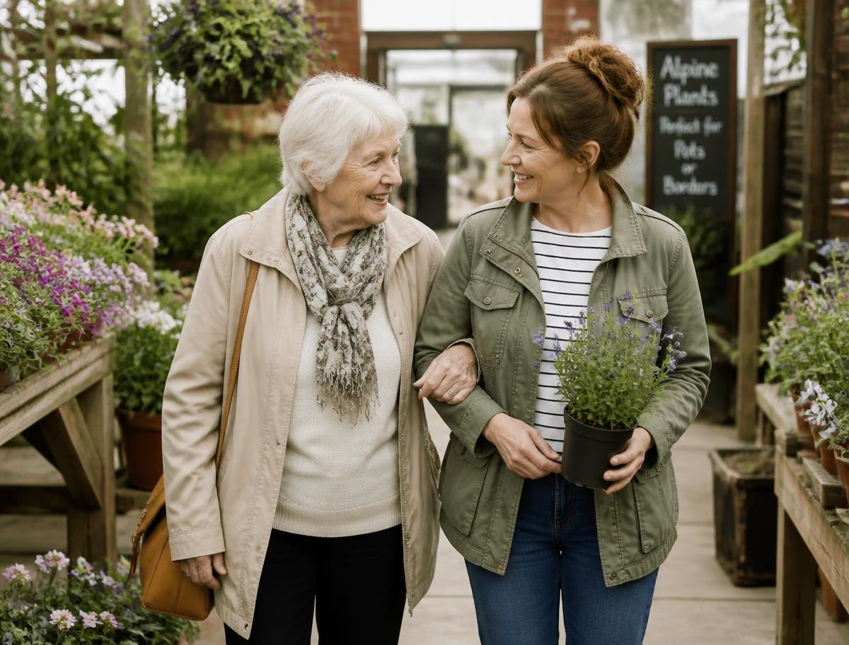 An older woman and her companion walking arm in arm through a garden centre
