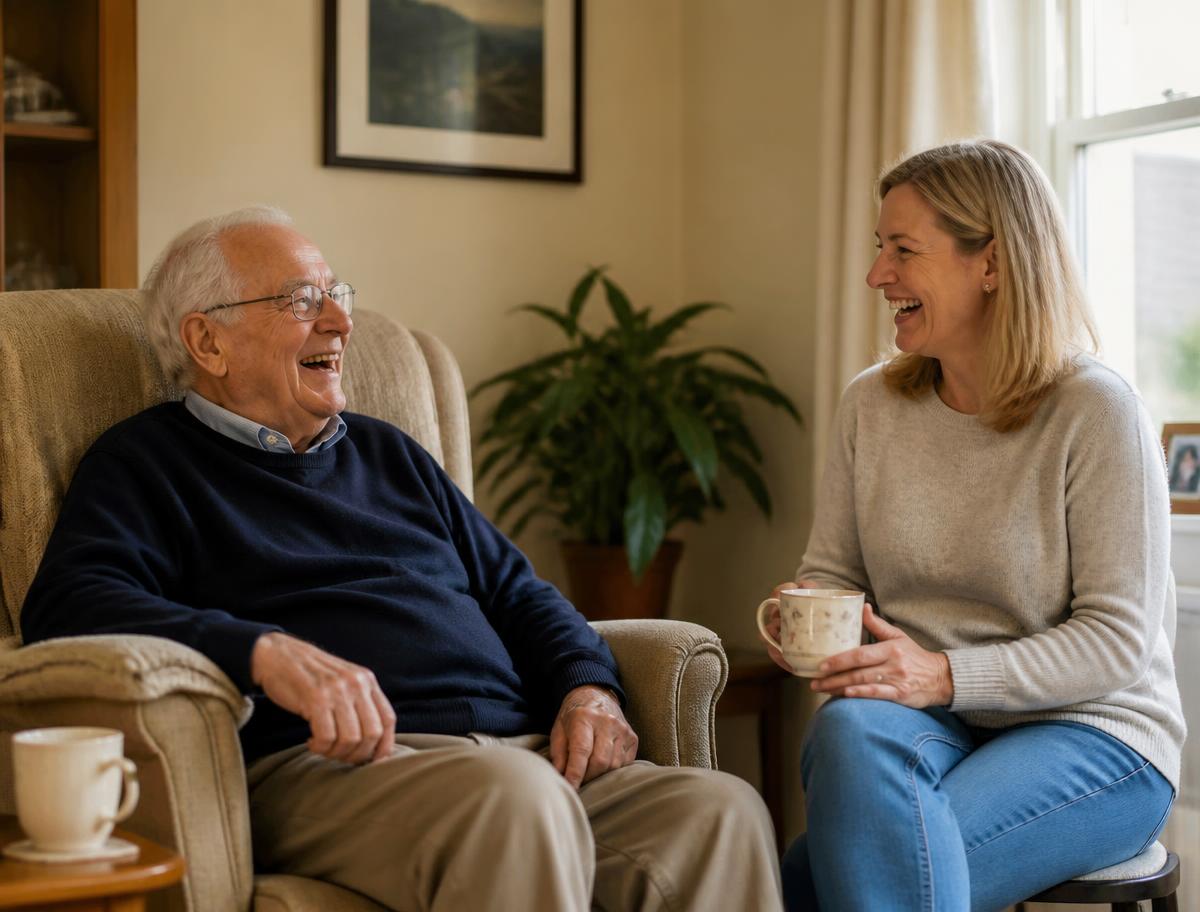An older man laughing with his companion in his living room over a cup of tea